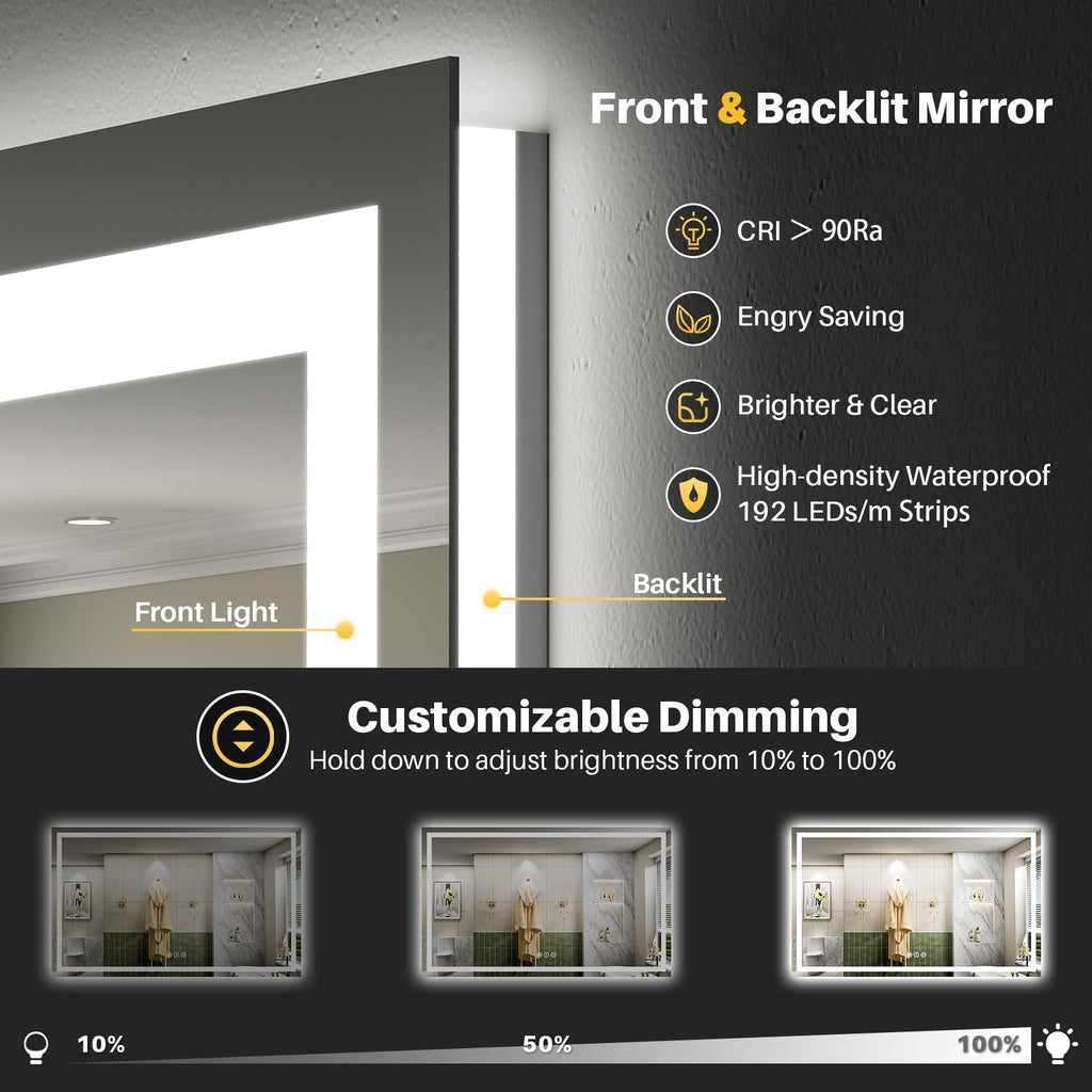 68x38 Inch LED Bathroom Mirror with Lights, Backlit & Front Lit