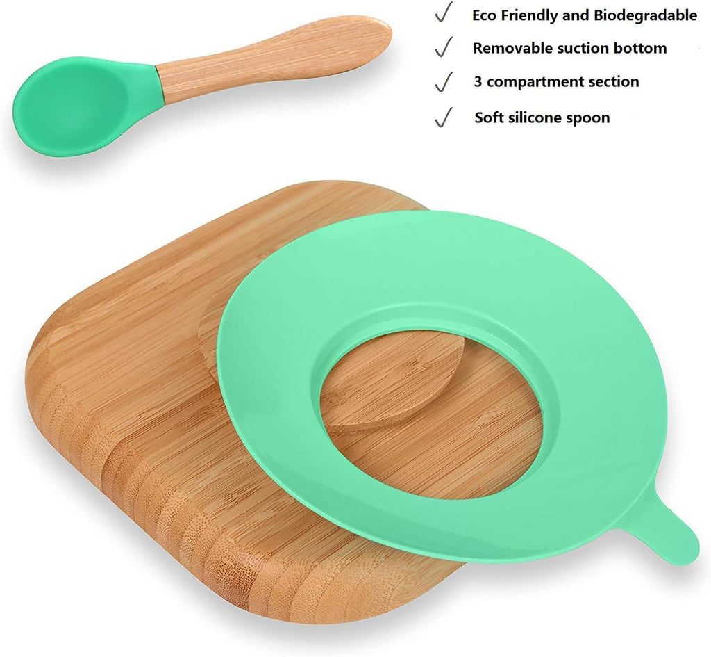 Toddler Stay Put Dish, Kids Suction Plate, Bamboo Cute Tableware (Light green)