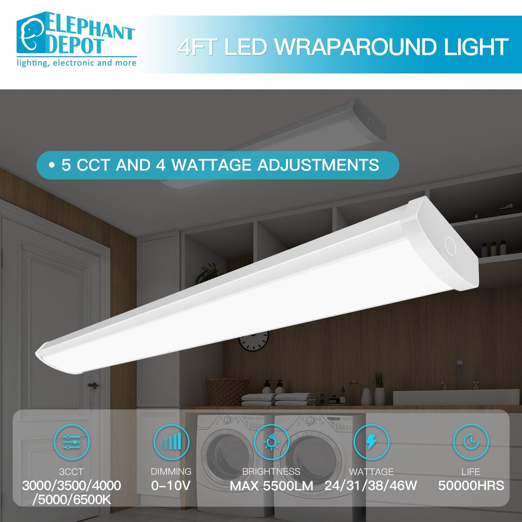 4PK 4FT LED Wraparound Light, 48 Inch Garage Ceiling Lights, 24/31/38/46W - 5CCT