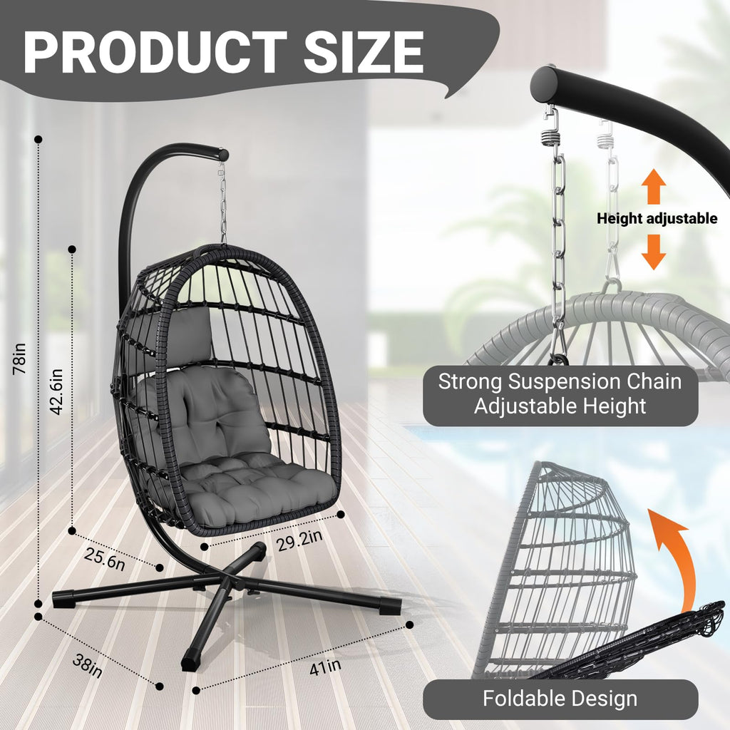 Hanging Egg Chair with Stand, Patio Rattan Wicker Swing Chair, Oversized Hammock Seat Porch Garden, Thickened Steel