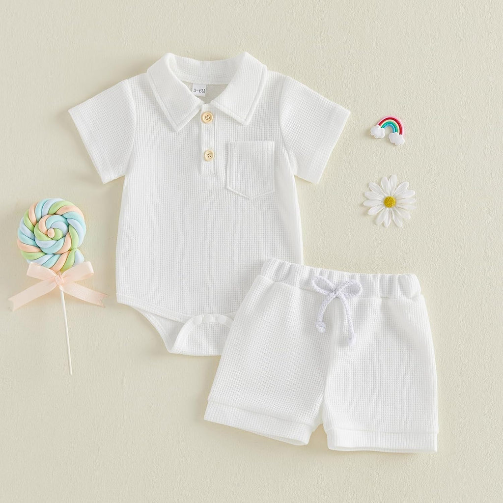 Baby Boy Summer Outfit Waffle Knit Short Sleeve Collared Romper Shorts Set 0 3 6 9 12