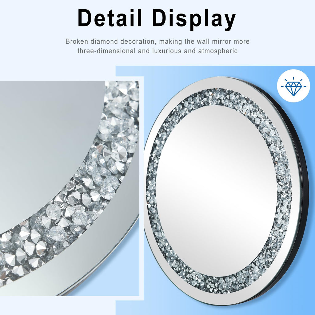 28x28in Crystal Crushed Diamond Decor Mirror, Round Wall Mirror, Silver Mirror, Home Decoration Hanging Mirror
