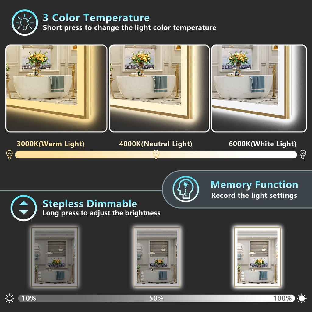 32x36 Gold LED Bathroom Mirror with Lights, Lighted Vanity Mirror