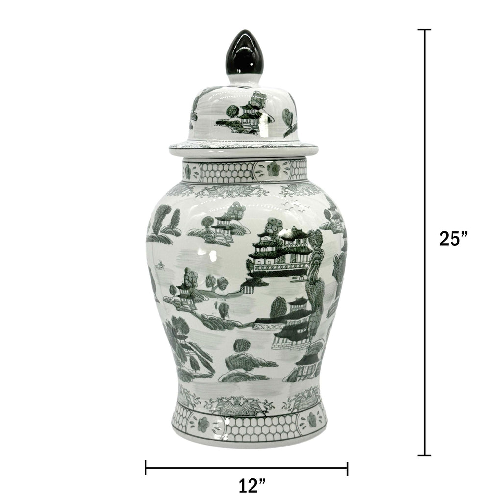 Large 25" Black & White Classic Landscape Chinoiserie Ceramic Temple Jar w/Lid - Ginger Jar Home & Kitchen Decor for