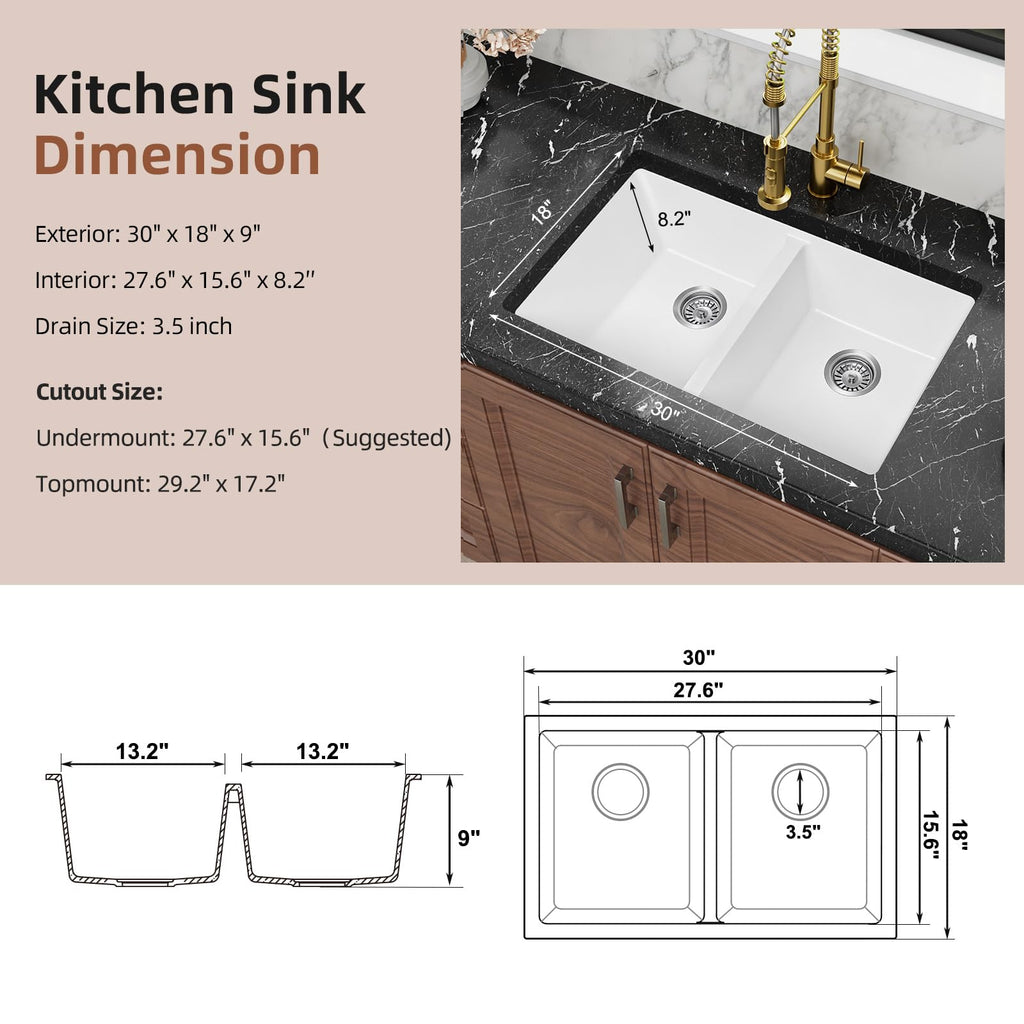 30 Inch White Double Bowl Undermount Kitchen Sink 50/50, 30 x 18 White Granite Composite Kitchen Sink, Deep Quartz