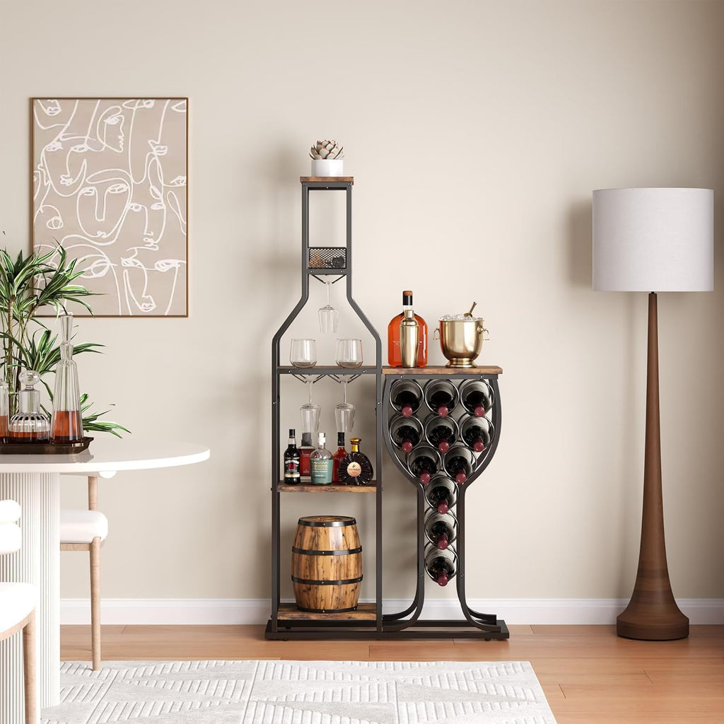 Liquor Cabinet Bar, 5-Tier Wine Rack Freestanding Floor with Wine Glass Holder, Mini Bar Stand with 11 Wine Bottles