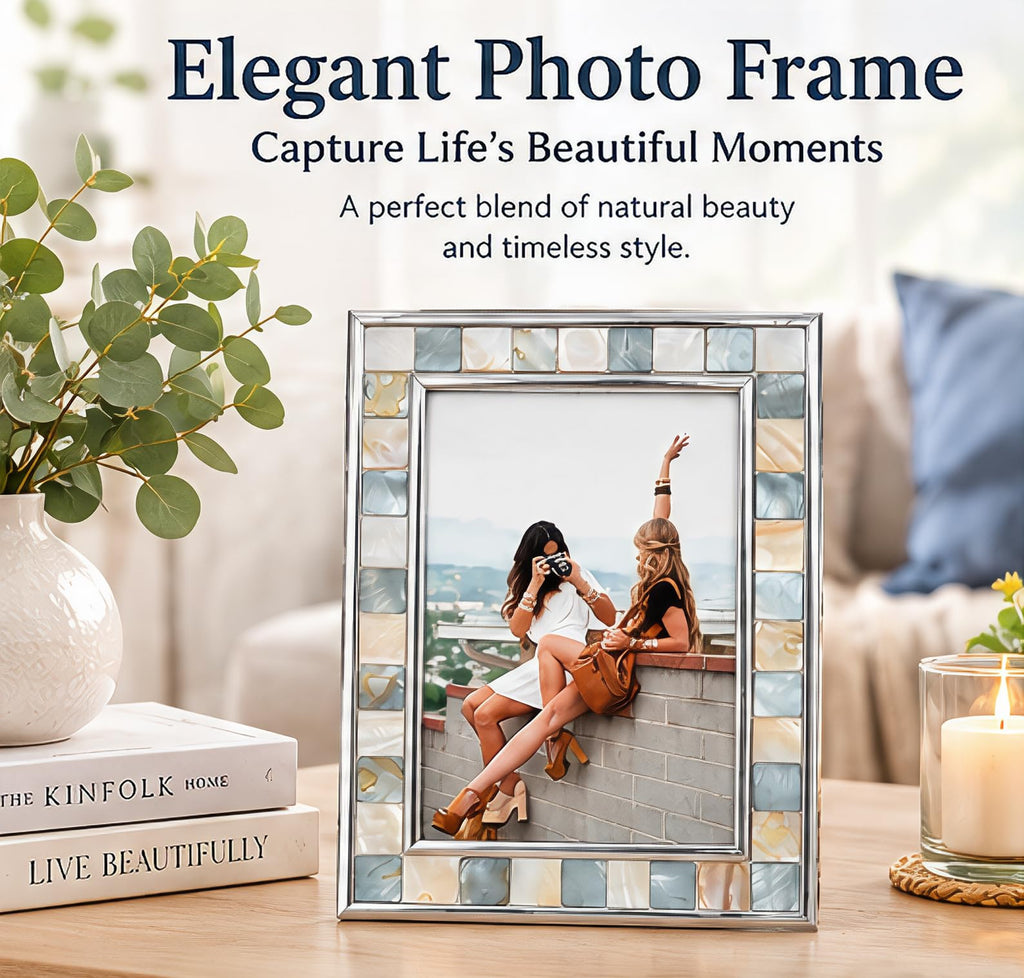 Silver Plate Picture Frame 4x6 Mother of Pearl 4 by 6 Photo Frame Mosaic Glass Tabletop Frame (Grey+ White, 1pc)