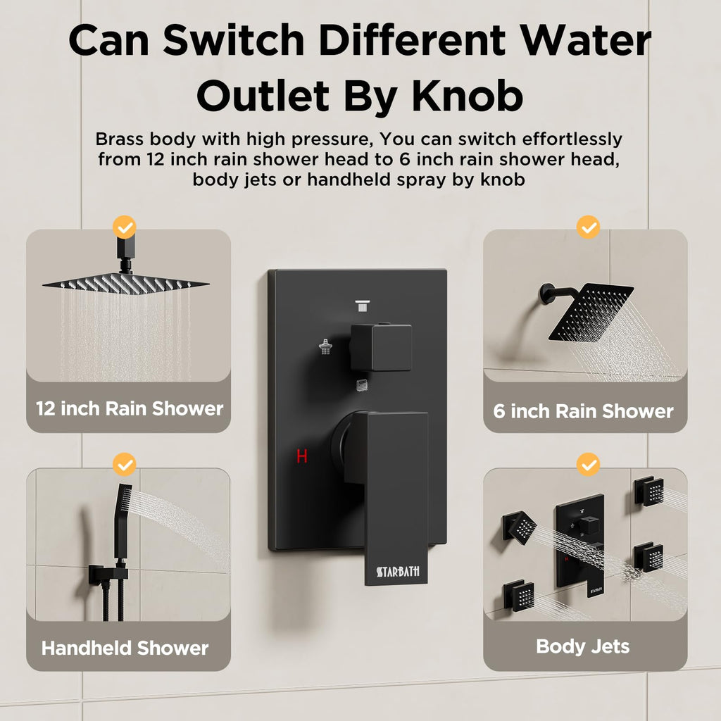 Shower Systems with Body Jets, 4 Way 12+6" Rainfall Shower Head with Handheld Spray Combo, Ceiling Mounted Shower