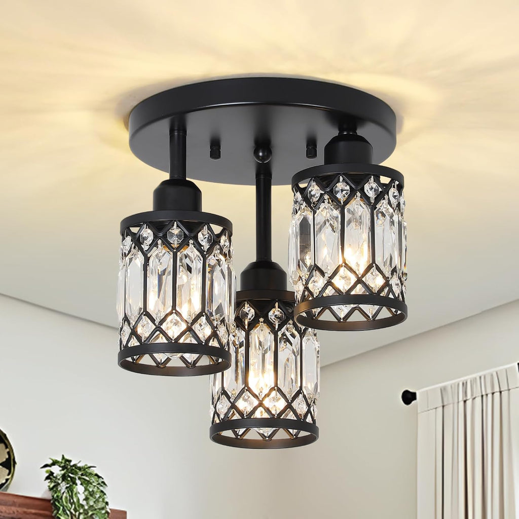 Semi Flush Mount Ceiling Light,3-Light Modern Crystal Close to Ceiling Light Fixtures, Black Kitchen Light Fixtures