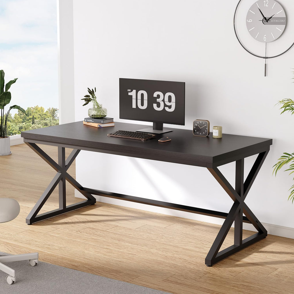 Modern Black Computer Desk, Long Home Office Desk for Study 60 Inch | Large Simple Wood Metal Work Writing Desk , Oak