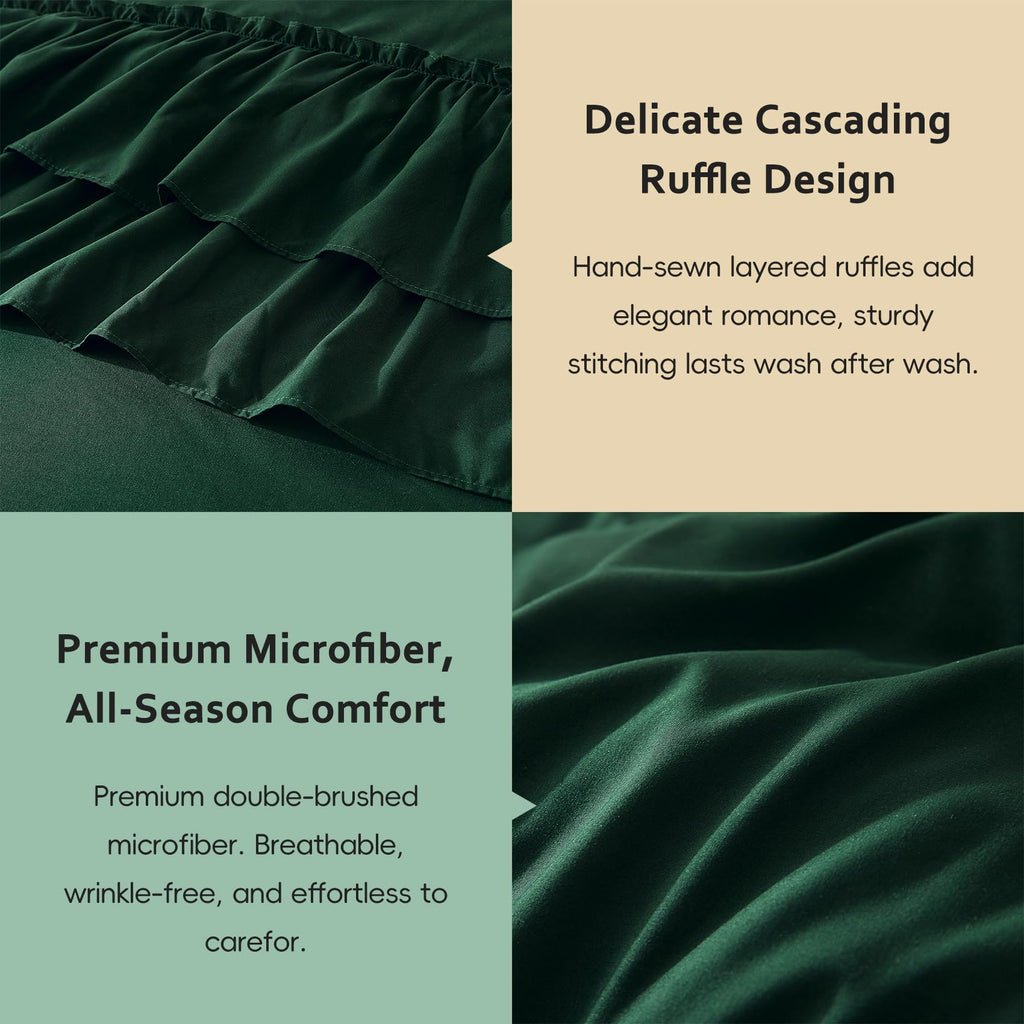 Dark Green Ruffle Comforter Set 3‐Piece Farmhouse Bedding