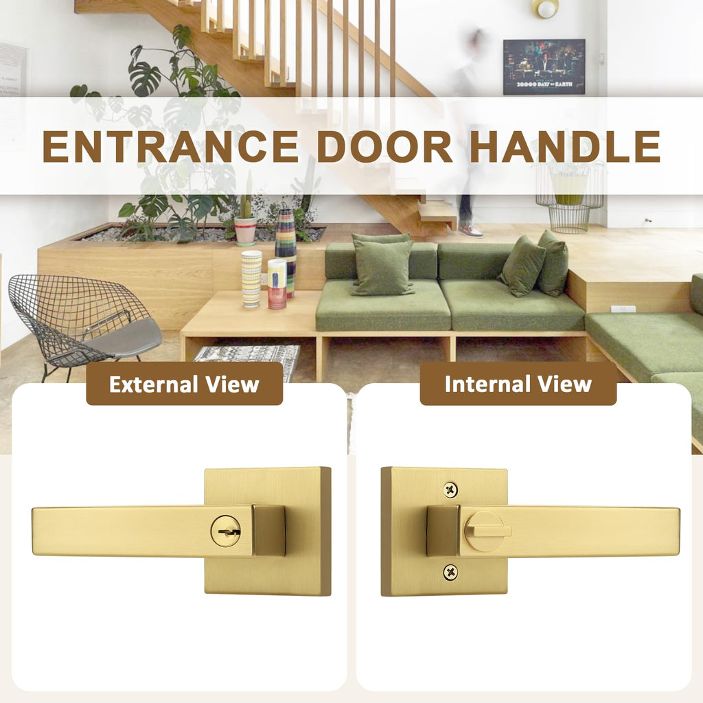 6 Pack Gold Entry Door Handles,Satin Brass Heavy Duty Interior Front Door Handles with Keys, Entrance Exterior