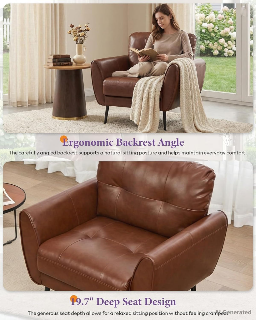 Brown Leather Accent Chairs, Tufted Reading Chairs - Set of 2