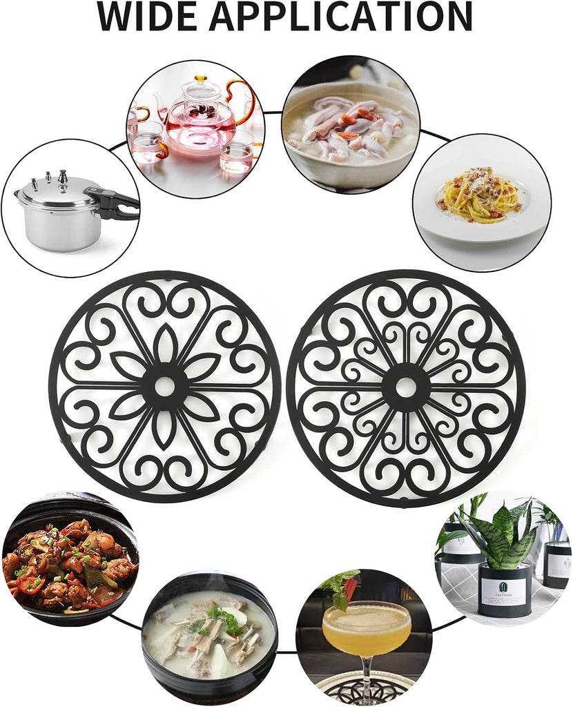 Decorative Round Flower Trivets - 7 Inch Iron Pot Pads, Black Elegant Kitchen and Dining Table Protector - Set of 2