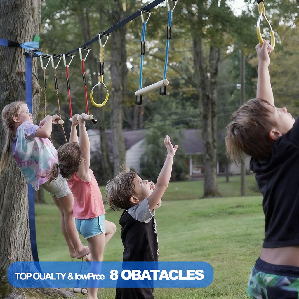 Warrior Obstacle Course for Kids, 2×56ft Slackline Kit with 8 Ninja Accessories+Fast-Setup Buckles- Monkey Bar, Rope