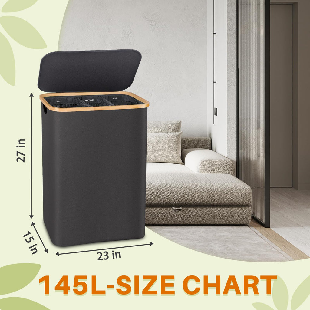 145L Laundry Hamper with Lid, 3 Section Laundry Basket with 3 Removable Bag