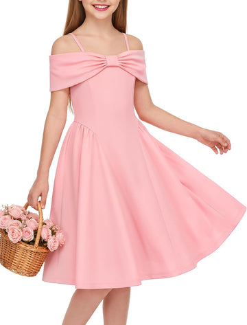 Girls Elegant Dress Off the Shoulder Bow High Waist A-Line Party Formal Dresses
