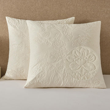 Quilted Euro Shams Set of 2 Ivory Cotton Floral Large European Pillow Cover