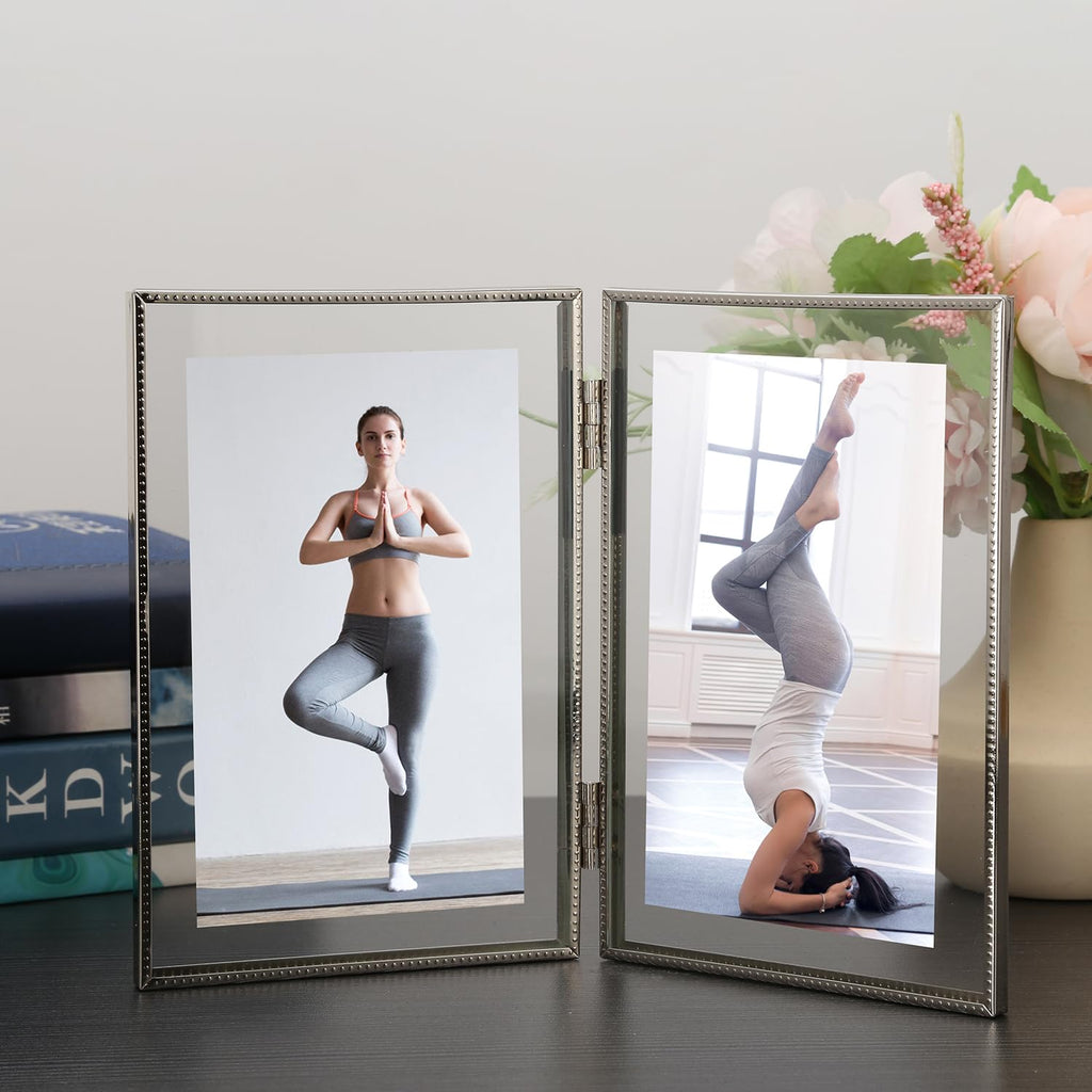 Silver 4x 6'' Double Hinged Floating Frame, For Photo Sizes (2x3'' 3.5x 5'' up to 4x6'' ), Beautiful Metal Lace Edge