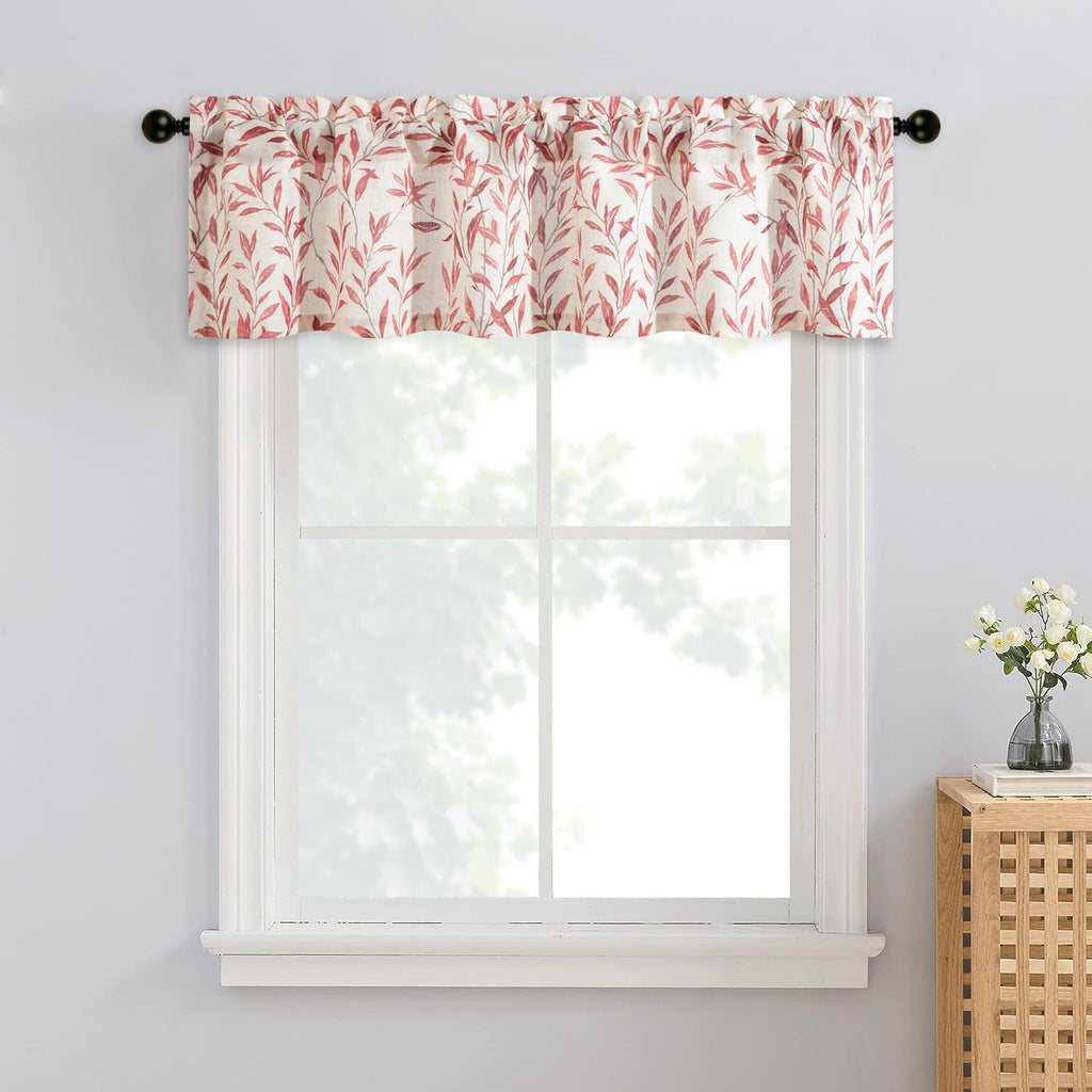 Red Leaf Print Linen Textured Valance, 52 x 14, 1 Panel