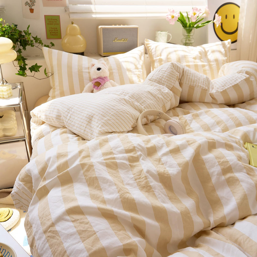 Boho Beige Striped Duvet Cover Soft Washed Microfiber 3-Piece