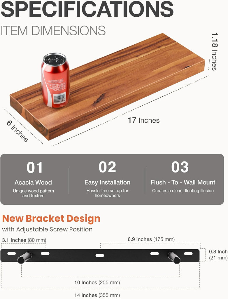 Set of 2 17" Acacia Wood Floating Shelves Wall Mounted - Rustic Farmhouse Wooden Wall Storage Shelf Décor - Brackets