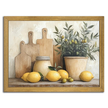 Wood Framed Vintage Kitchen Wall Art, Yellow Lemon Still Life Wall Decor Oil Paintings, Rustic Farmhouse Artwork