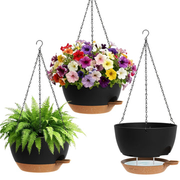 Set of 3-10 Inch Self Watering Hanging Planters for Indoor Outdoor, Hanging Plant Pots with Drainage & Removable Tray