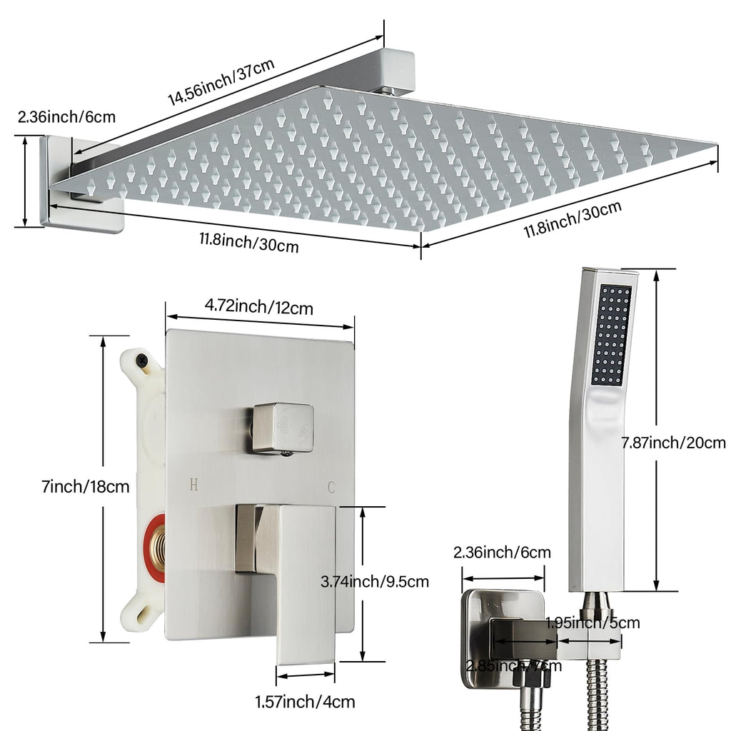 Shower Faucet Set Brushed Nickel Shower System with 12 Inches Rain Shower Head and Handheld Sprayer Wall Mounted