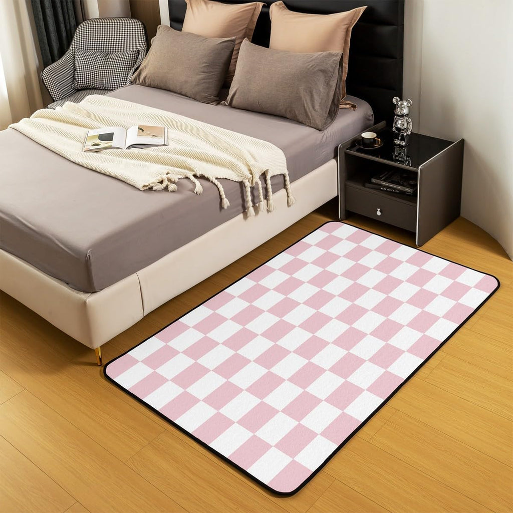 Checkered Decorative Carpet Teen Women Men Pink Plaid Area Rug 3x5 Kids Boys Girls Cute Retro Neutral Checkerboard