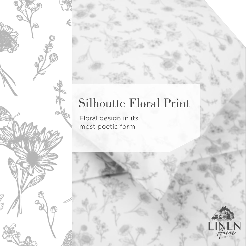 100% Cotton Printed Percale Sheet Set Grey Botanical