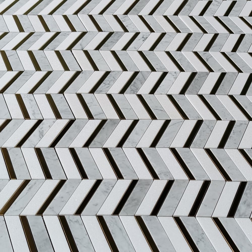 Thassos White Carrara White Marble 1x3 Artistic Chevron Mosaic Tile w/Brass Strips Polished Kitchen Bath Wall Floor