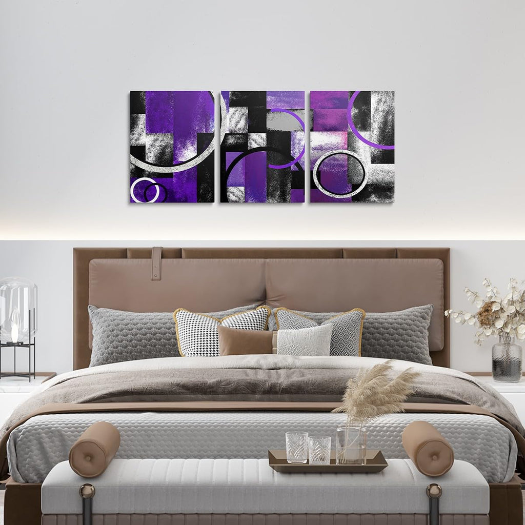 Purple & Grey Black Canvas Wall Art - Geometric Circle & Rectangle Square Bathroom Wall Decor Decor Abstract Artwork