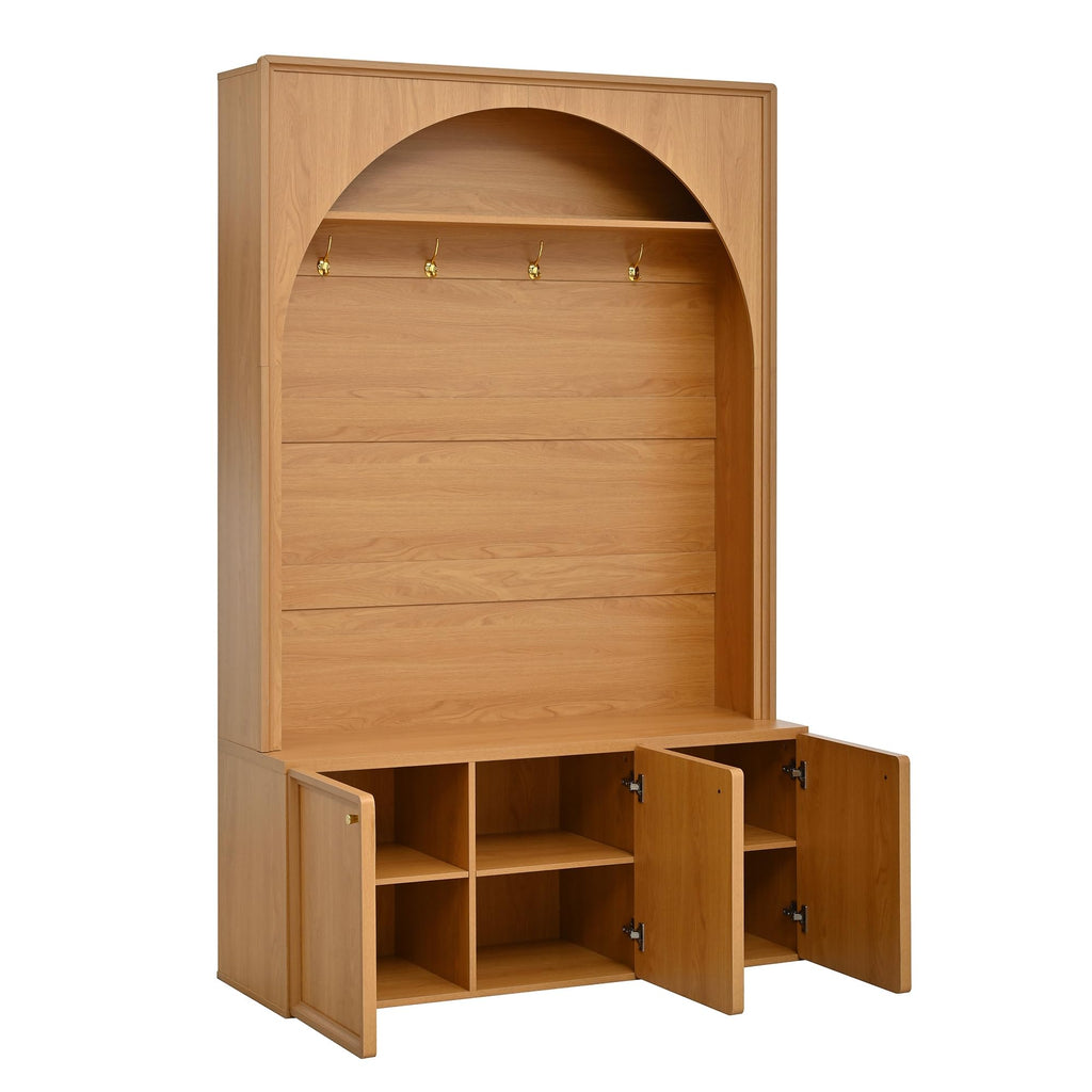 Farmhouse Hall Tree with Storage Bench, 48.7" Arched Entryway Coat Rack Organizer with 4 Metal Hooks, 3 Cabinets