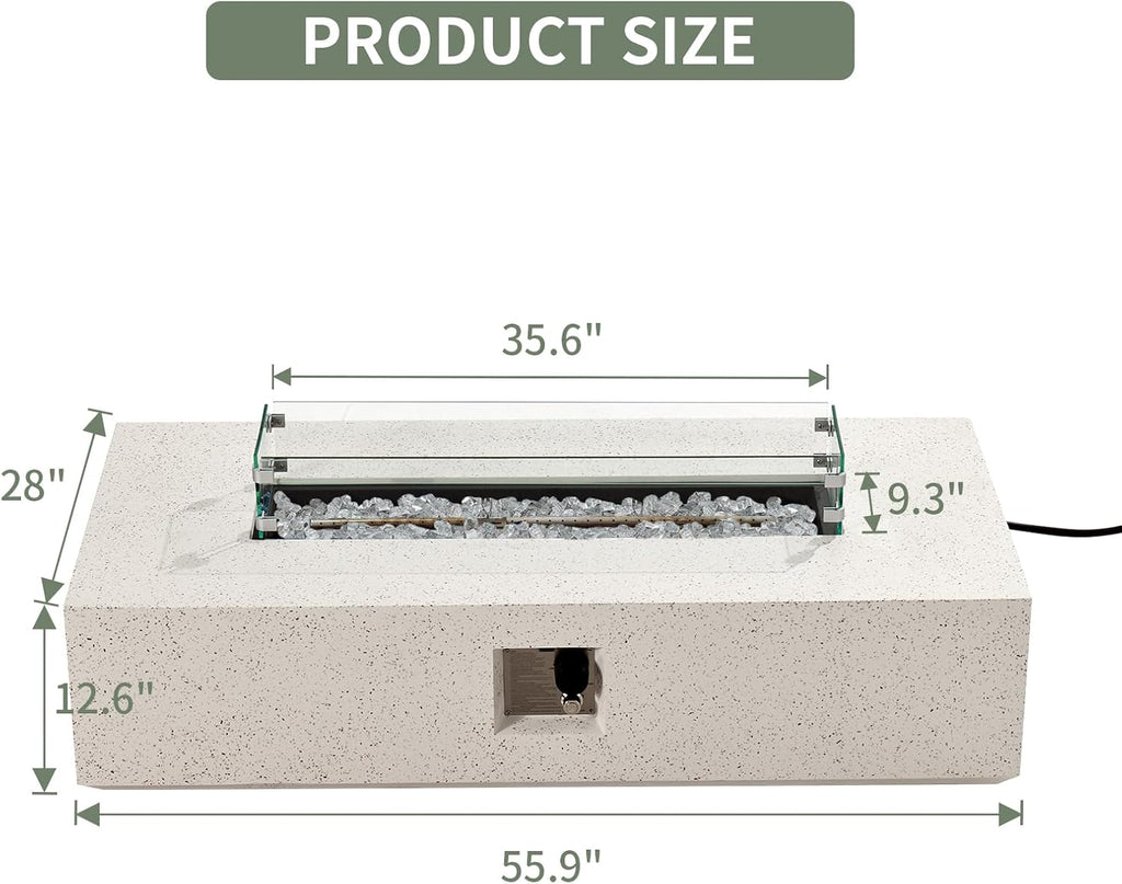 Outdoor Propane Fire Pit Table, 56" x 28" Rectangle, Terrazzo White | Concrete-Like Finish, Certified, 50,000 BTU
