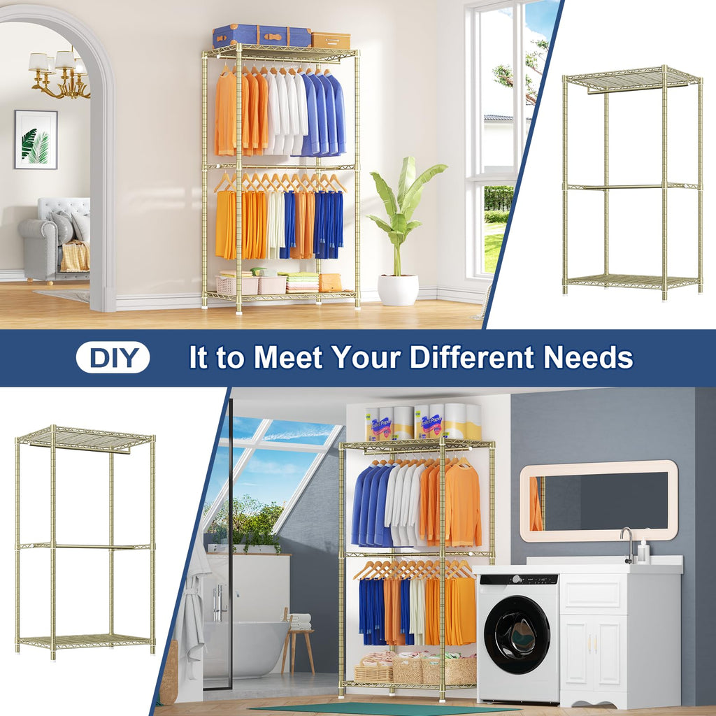 E12 Pro Clothes Rack, Heavy Duty Freestanding Garment Rack with Shelves, Metal Clothing Closet Storage System for
