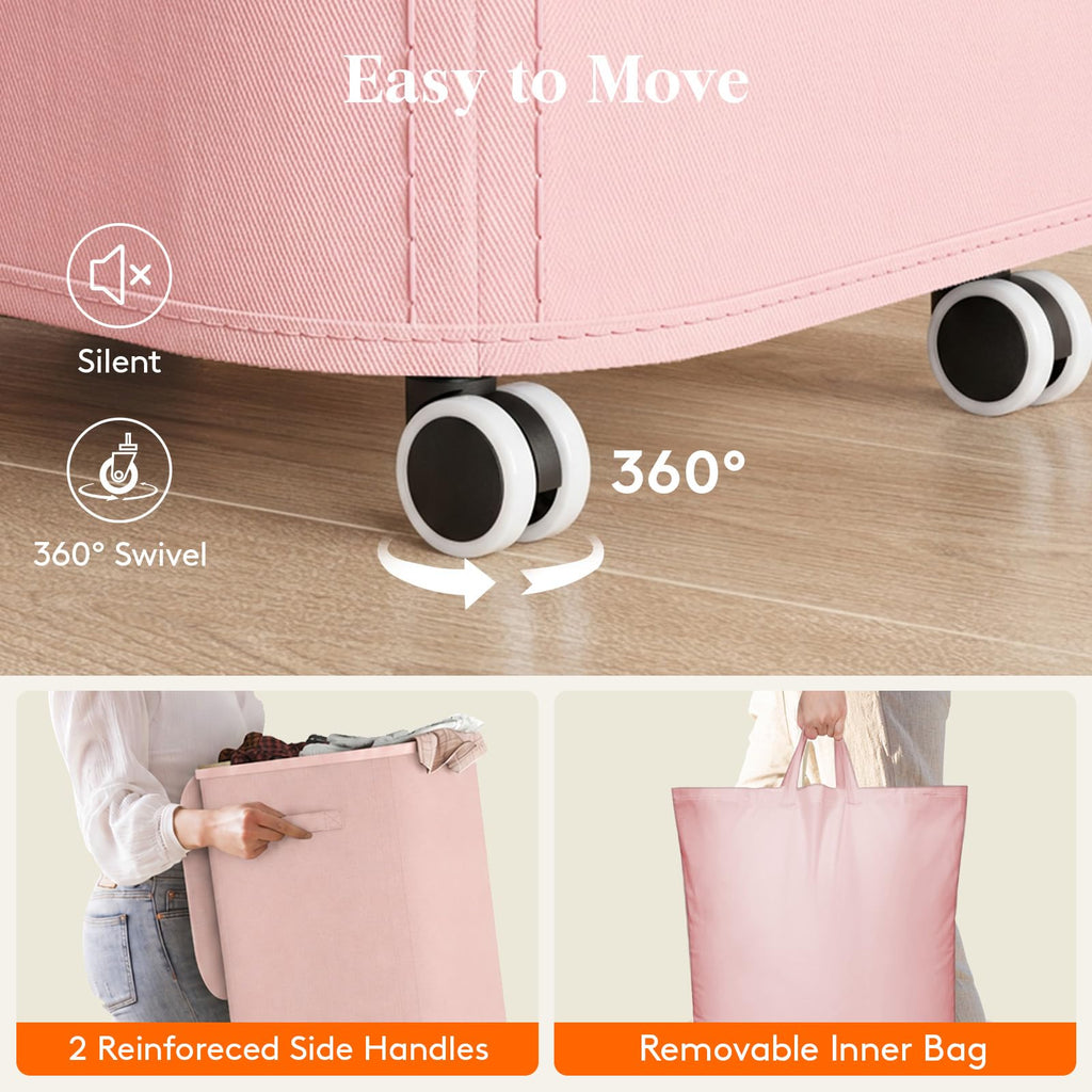 105L Large Laundry Basket with Wheels and Lid, Pink