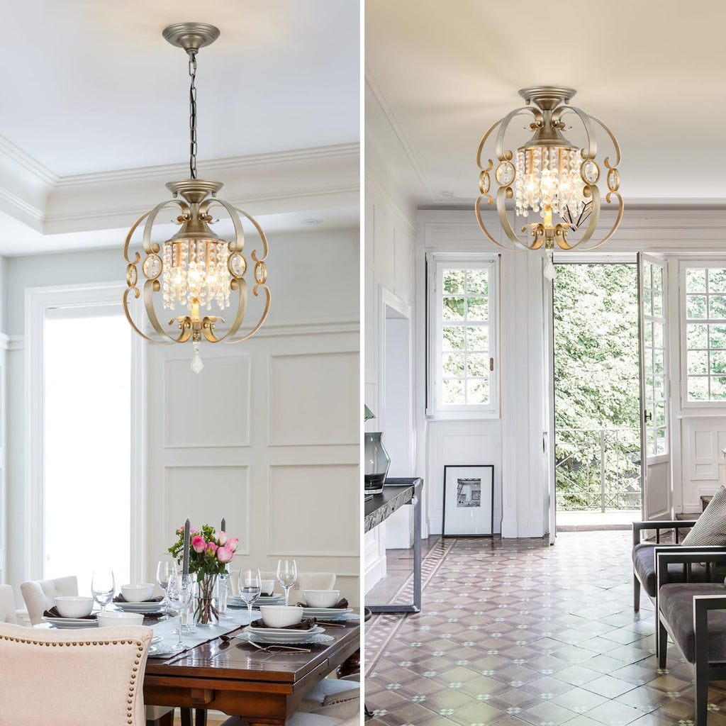 Antique Silver K9 Crystal Chandelier, 3-Light 14 Inch Rustic Flush Mount Ceiling Light Fixture, Vintage Bronze