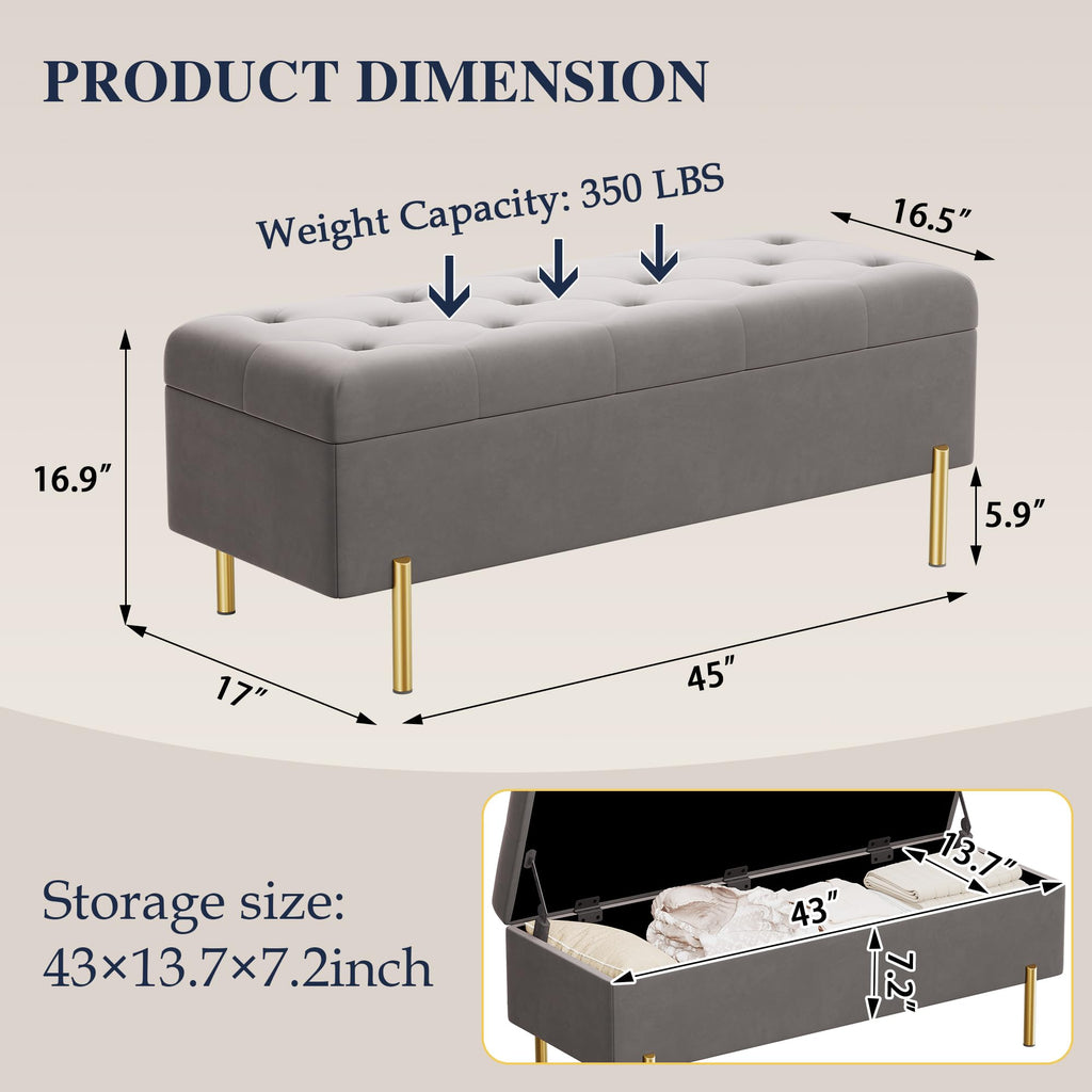 Ottoman Bench with Storage, Upholstered Tufted Velvet Storage Bench Living Room Long Ottoman Grey