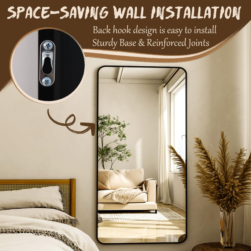 76"x34" Floor Full Length Mirror Standing Full Body Rounded Corner Rectangle Mirrors with Stand Hanging Wall Mounted