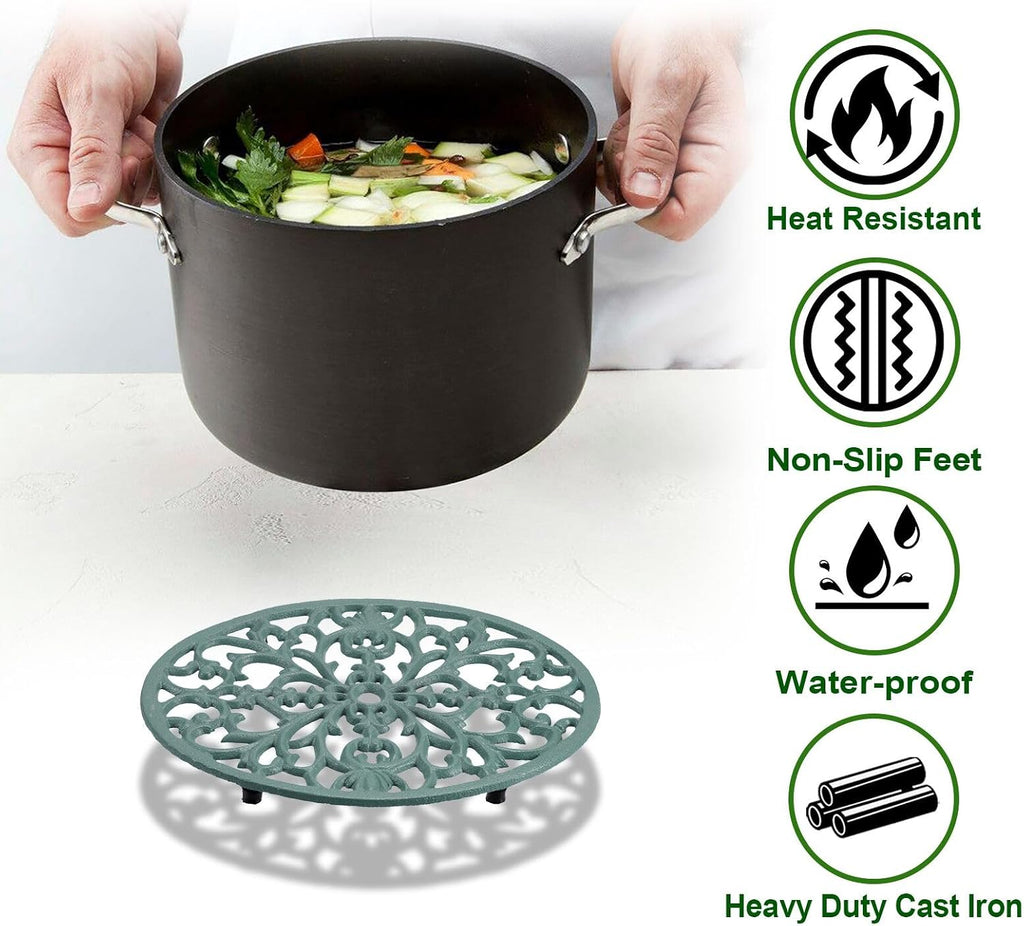 Cast Iron Trivets, Decorative Oval Metal Trivets, 9.6"x7.3", Green - Set of 2
