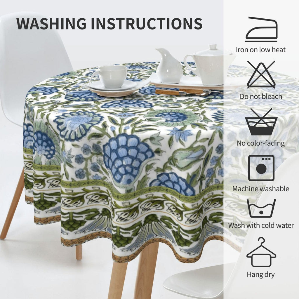 Boho Navy Blue Tablecloth 70 Inch Round Sage Green Floral Table Cloth Vintage Flower Decorative Polyester Stain