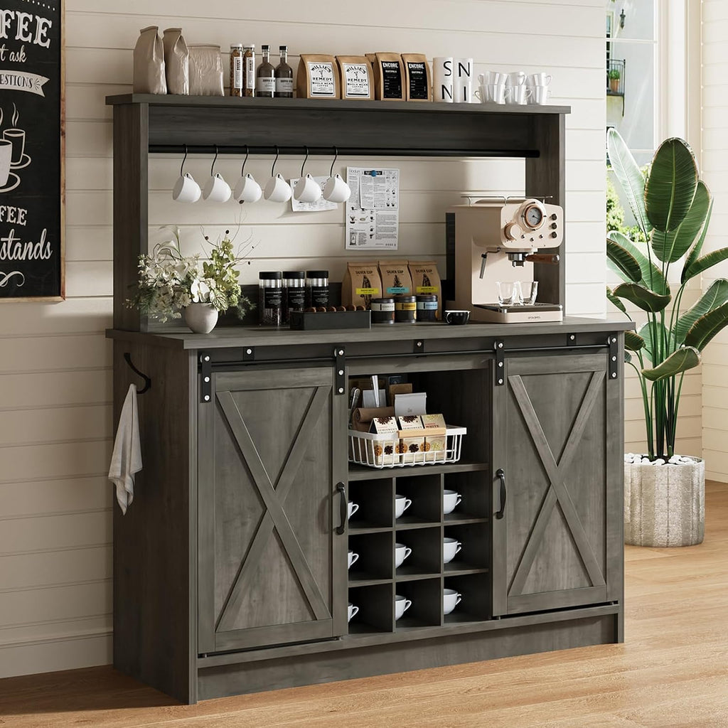 47" Farmhouse Coffee Bar Cabinet with Storage Hutch, Grey | Coffee Bar Station with Sliding Barn Door, 6 Hooks and