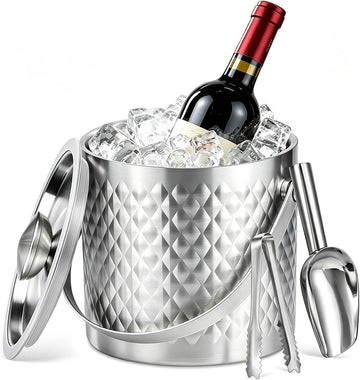 3.6 QT / 3.4L Stainless Steel Ice Bucket with Lid, Scoop & Tongs, Double Wall Insulated Ice Bucket for Parties