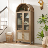 71" Tall Arched Display Cabinet, 5-Tier Bookshelf Modern Farmhouse Arched Bookcase with Glass Doors and Shelves