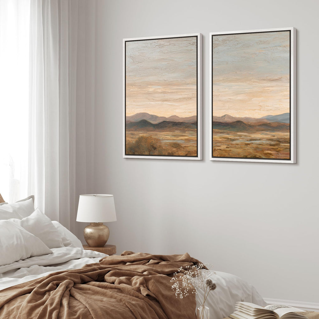 Framed Canvas Print Wall Art Set Warm Earth Tone Mountain Landscape Illustrations Modern Art Decorative Zen