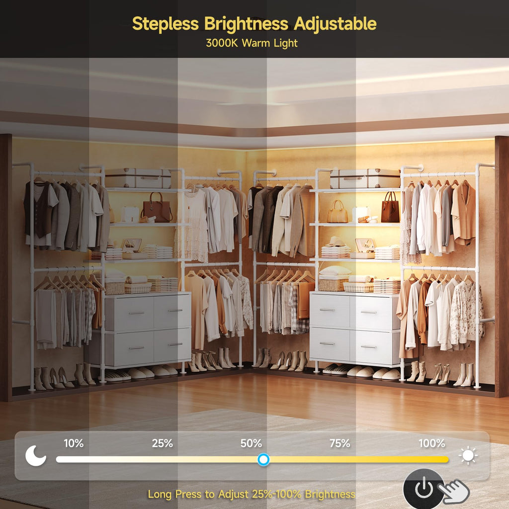 T4 Closet System with Stepless Dimmable LED Light & Drawers, White