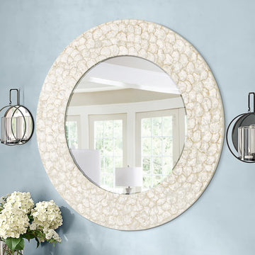 Round Coastal Mirror with Capiz Shell Frame, 36'' Large Circle Bathroom Mirrors, Decorative Wall Mirror Dining Room