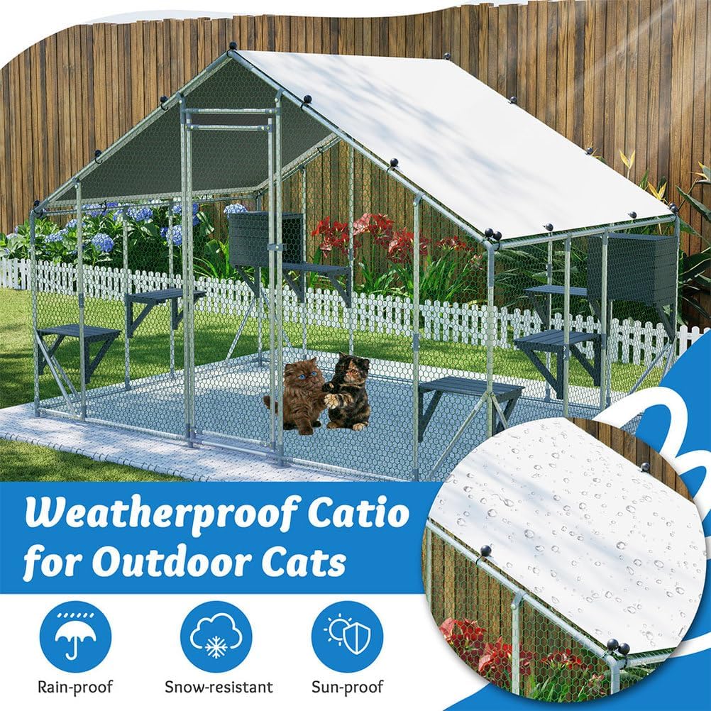 Large Outdoor Catio Cat Enclosure, 122" Metal Cat Run with Platforms, Walk-in Pet Cage with Waterproof Roof Cover