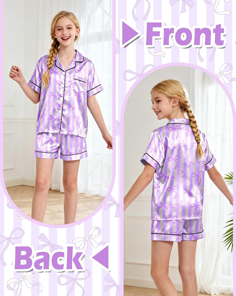 Girls Pajamas Silk PJS Set Bow Satin Sleepwear Short Sleeve Jammies for Kids Button-Down Nightwear